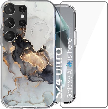Hoesje geschikt voor Samsung Galaxy S24 Ultra - Screen Protector Glas - Back Cover Marmer Siliconen Case Wit & Screenprotector