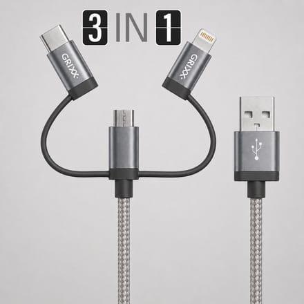 Grixx - 3 in 1 Kabel - oplaadkabel - USB-C / Lightning / Micro USB - MFI-gecertificeerd - Gevlochten - 1 meter - Grijs