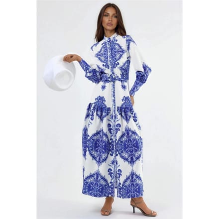Paisleyprint A-lijn Maxi-jurk met Hemdkragen en Ceintuur