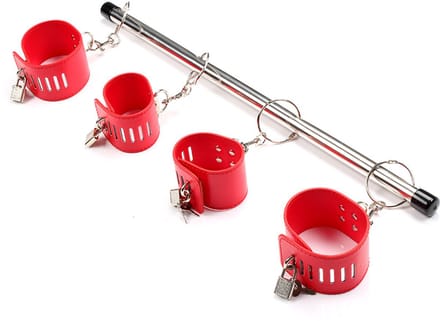Oneay Verstelbare metalen spreidstang met lederen boeien – Complete bondage set voor koppels – Rood