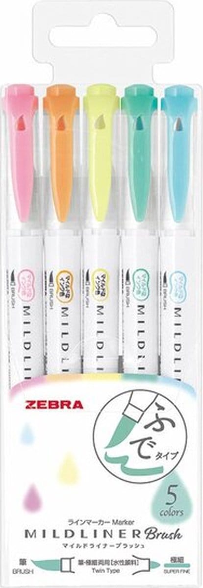 Zebra mildliner brushpen set 5 stuks - pastel colors - Incl. Goodie