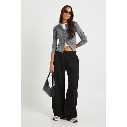 boohoo Dames Lange cargo joggers met wijde pijpen | Zwart | Maat: Small