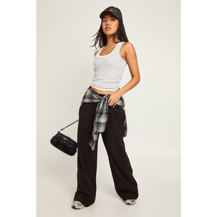 boohoo Dames Petite Rib wijde pijpenbroek | Zwart | Maat: 44