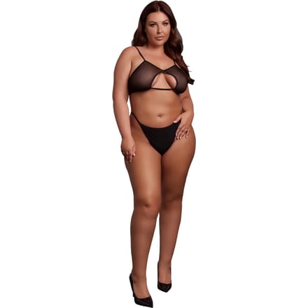 Keyhole Mesh Bra with Double Back Straps and Adjustable Sliders - Plus Size - Black