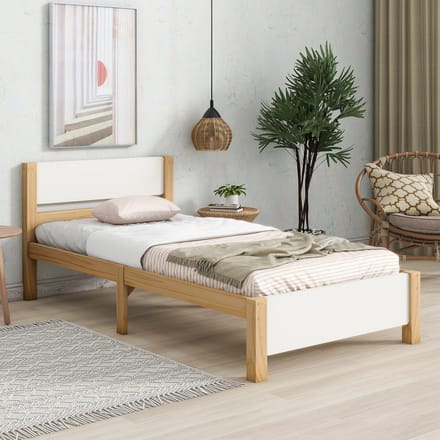 MODFU Ledikant 90x200 cm – Massief hout en MDF – Met lattenbodem – Wit/naturel