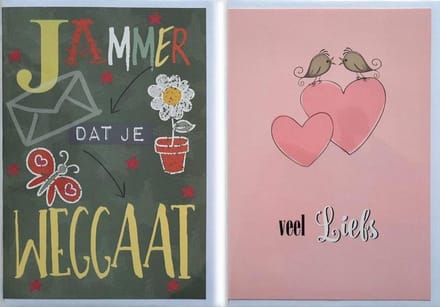 2 Wenskaarten - Jammer dat je weggaat + Veel Liefs – 12 x 17 cm