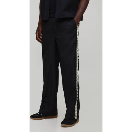 Broek met parelversiering, half- en half taille, geplooide voorkant en wijde pijpen | Black | Size Medium