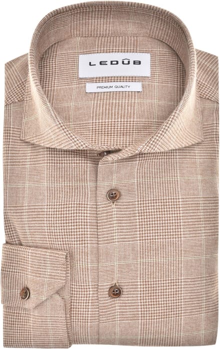 Ledub modern fit overhemd - flanel - middenbruin met wit geruit - Strijkvriendelijk - Boordmaat: 38