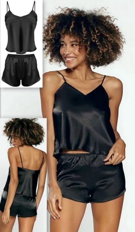 DKaren satijnen korte pyjama - satijn shortama set - zwart S