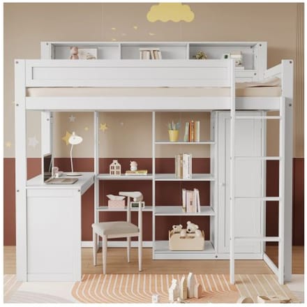 Stapelbed - MUVOE - 90x200cm - Wit - Met tafel en kast - Veilig met hekjes wit