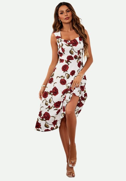 Midi-jurk met rode rozenprint en sweetheart-halslijn