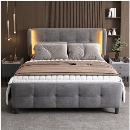 Lit rembourré - MUVOE - 140x200 cm - LED 16 couleurs - Tête de lit réglable - Gris gris