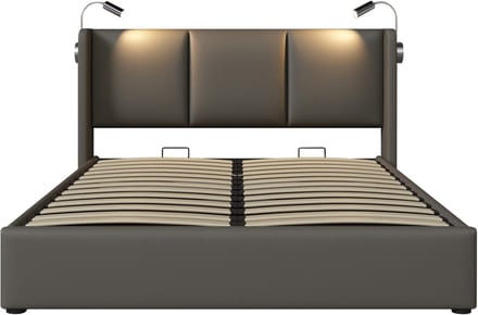 COVREO Bedframe 160x200 cm - grijs kunstleer, opbergruimte, zonder matras