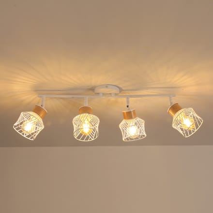 Haobosic IJzeren Vogelkooi - Plafondlamp - Wit + Hout - 73x12x24cm - E27 Verstelbare Fitting