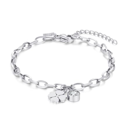 Twice As Nice Armband in edelstaal, ovale schakels, klaver, 1 kristal 16cm+3cm