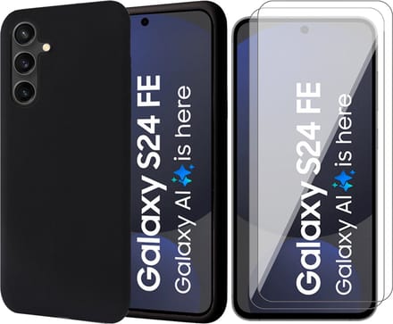 Hoesje geschikt voor Samsung Galaxy S24 FE - 2x Screenprotector Glas - Mat Back Case Zwart