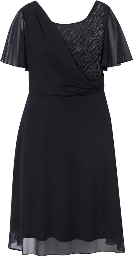 Ulla Popken - Dames - Midi-avondjurk chiffon gedrapeerd - Zwart - Maat 56