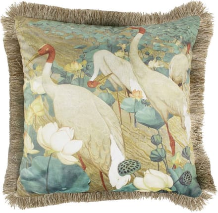 Sierkussen kraanvogels fluweel met gouden franjes 45x45 cm