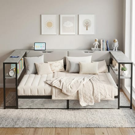REDOM - Bed 140 X 200 Cm - Met Opbergruimte En USB-C Aansluiting - MDF En Metaal - Grijs