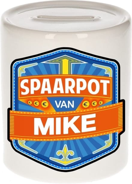 Bellatio Decorations Kinder spaarpot met naam - Mike - keramiek - met dop - wit - Sparen - Spaargeld van Mike