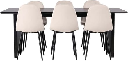 Vail eethoek tafel zwart en 6 Polar stoelen beige.