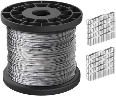 RVS draadkabel 30 meter met 100 aluminium krimpkousen, 1/16 inch