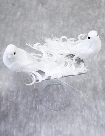 HOBI - 2 kleine witte decoratieve vogels 13 cm van veren