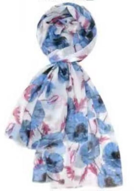 Lange Dunne Sjaal - Print - (33674#) - Blauw/Ecru
