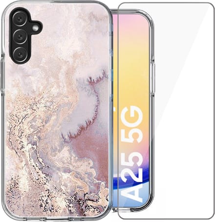 Hoesje geschikt voor Samsung Galaxy A24 / A25 - Screen Protector Glas - Back Cover Marmer Siliconen Case Roze & Screenprotector