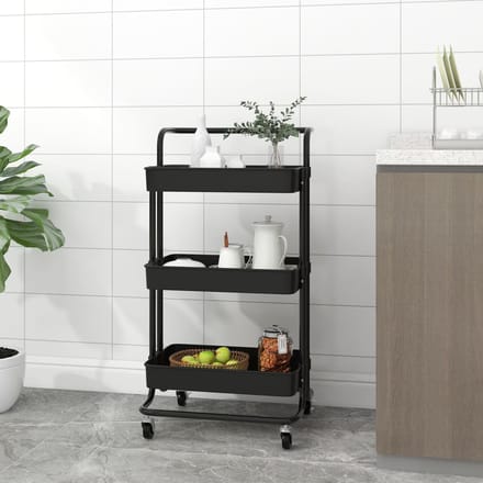 vidaXL - Keukentrolley - 3-laags - 42x35x85 - cm - ijzer - en - ABS - zwart