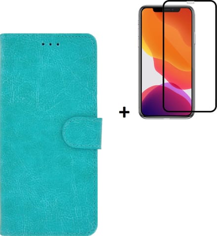 Hoesje Geschikt voor iPhone 11 Pro Max + Screenprotector iPhone 11 Pro Max - iPhone 11 Pro Max Hoes Wallet Bookcase Turquoise + Full Tempered Glass