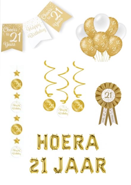 21 jaar verjaardag versiering pakket - goud wit - ballon - vlag – paperdreams