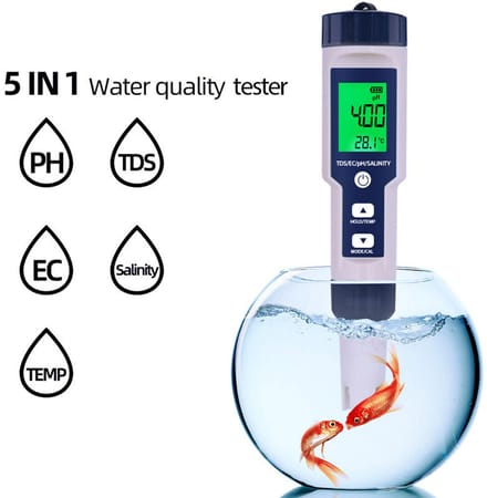 5-in-1 Waterkwaliteitstester — PH/TDS/EC/Temperatuur/Zoutgehalte — IP67 Waterdicht — Verlicht Display — Digitale Meter — Voor Wateranalyse