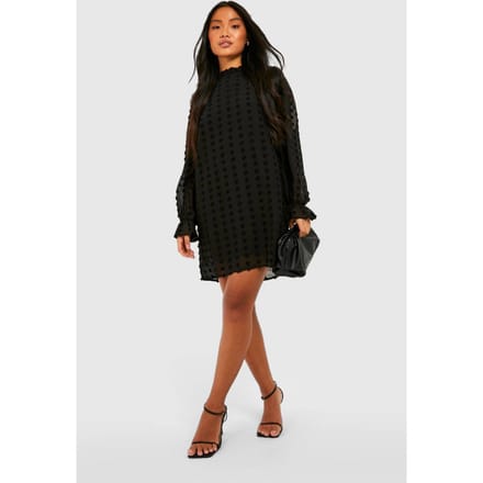 boohoo Dames Petite Dobby Textured High Neck Shift Dress | Zwart | Maat: 40