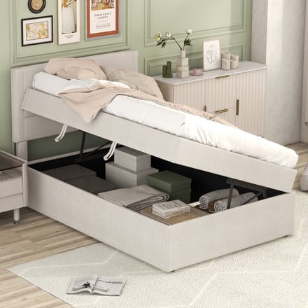 MODFU Ledikant 90x200 cm – beige linnen – met veel opbergruimte en lattenbodem