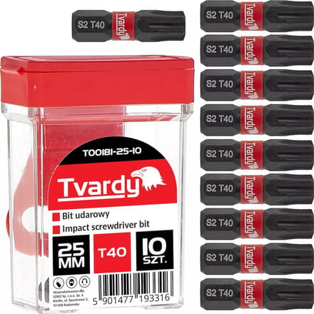 Tvardy Impact bit set T40 - S2 staal - 25mm - magnetische tip - 10 stuks