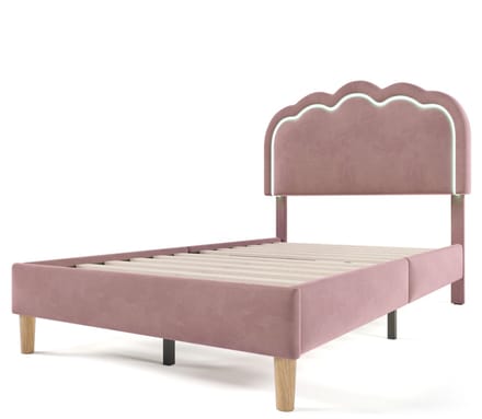 Gestoffeerd Bed LED Eenpersoonsbed 90 x 200 cm, Bedframe met Lattenbodem en Verstelbaar Hoofdeinde, Roze, Bedframe, Fluweel