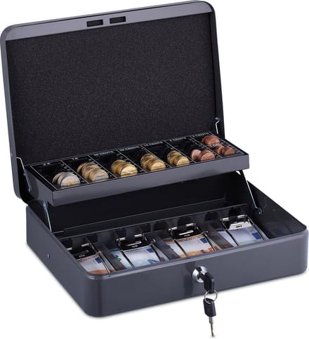 geldkistje met telbord - met 2 sleutels - 8,5 x 30,5 x 24,5 cm - grijs