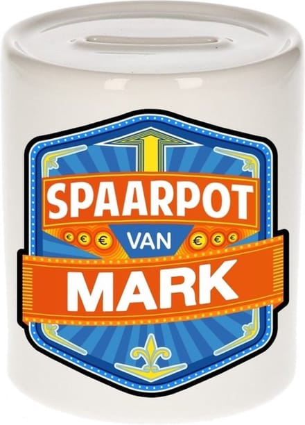 Bellatio Decorations Kinder spaarpot met naam - Mark - keramiek - met dop - wit - Sparen - Spaargeld van Mark