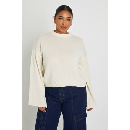 boohoo Dames PLUS RONDEKAARSGEBREIDE TRUI | Creme | Maat: 44