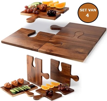 Borrelplank Set van 4 – Tapasplank Puzzelvorm – Serveerplank Acaciahout – Luxe Borrelplanken
