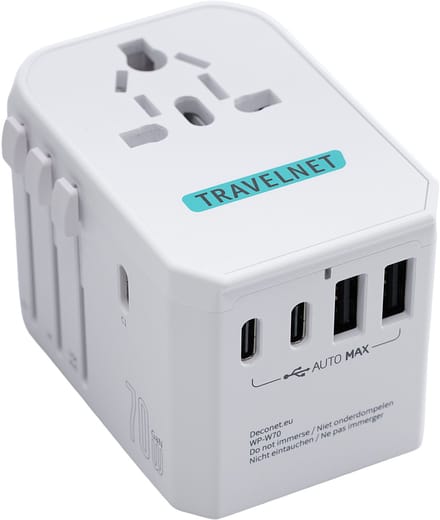 Travelnet Wereldstekker met USB-C (PD) 70W – Universele Reisstekker – 3x USB-C & 2x USB-A – Snellader