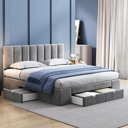 Gestoffeerd Bed - 160 x 200 cm - Met Lattenbodem en 4 Laden - Fluweel - Grijs