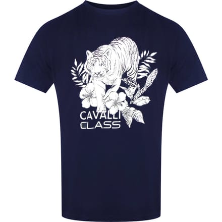 Cavalli Class Tiger Floral Logo Marineblauw T-shirt