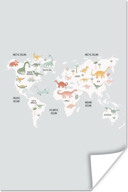 Wereldkaart - Kind - Dino - 60x90 cm - Poster