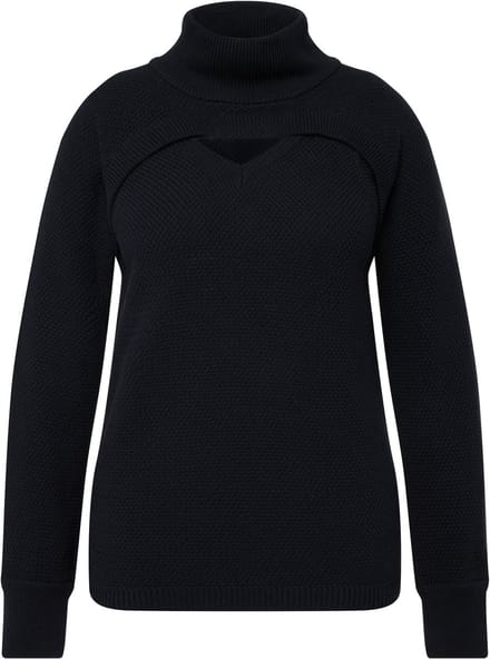 Ulla Popken - Dames - 2-in-1 trui geribbeld breisel V-hals biologisch katoen - Marine - Maat 46+
