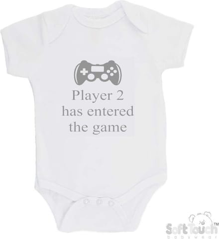 100% katoenen Romper "Player 2 has entered the game" Unisex Katoen Wit/grijs Maat 62/68