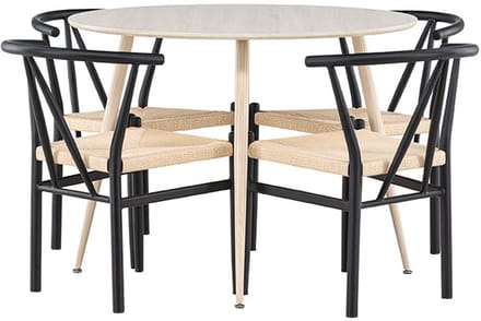Plaza eethoek tafel Ø100cm en 4 stoelen met armleuningen stapelbaar whitewash.