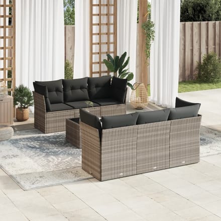 vidaXL - 7-delige - Loungeset - met - kussens - poly - rattan - lichtgrijs