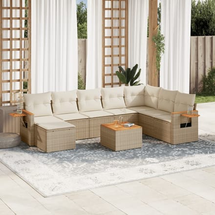vidaXL - 9-delige - Loungeset - met - kussens - poly - rattan - beige
